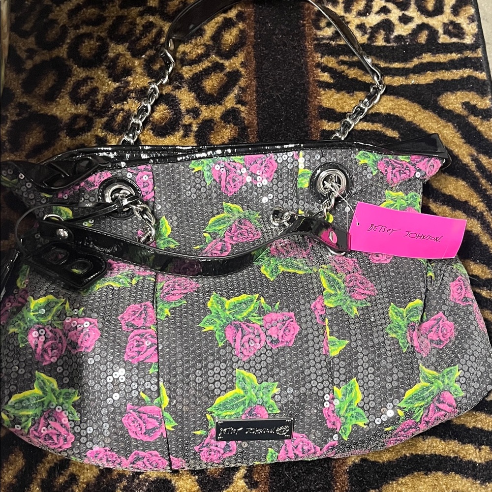 Betsey Johnson Gray and Pink Floral Shoulder Bag